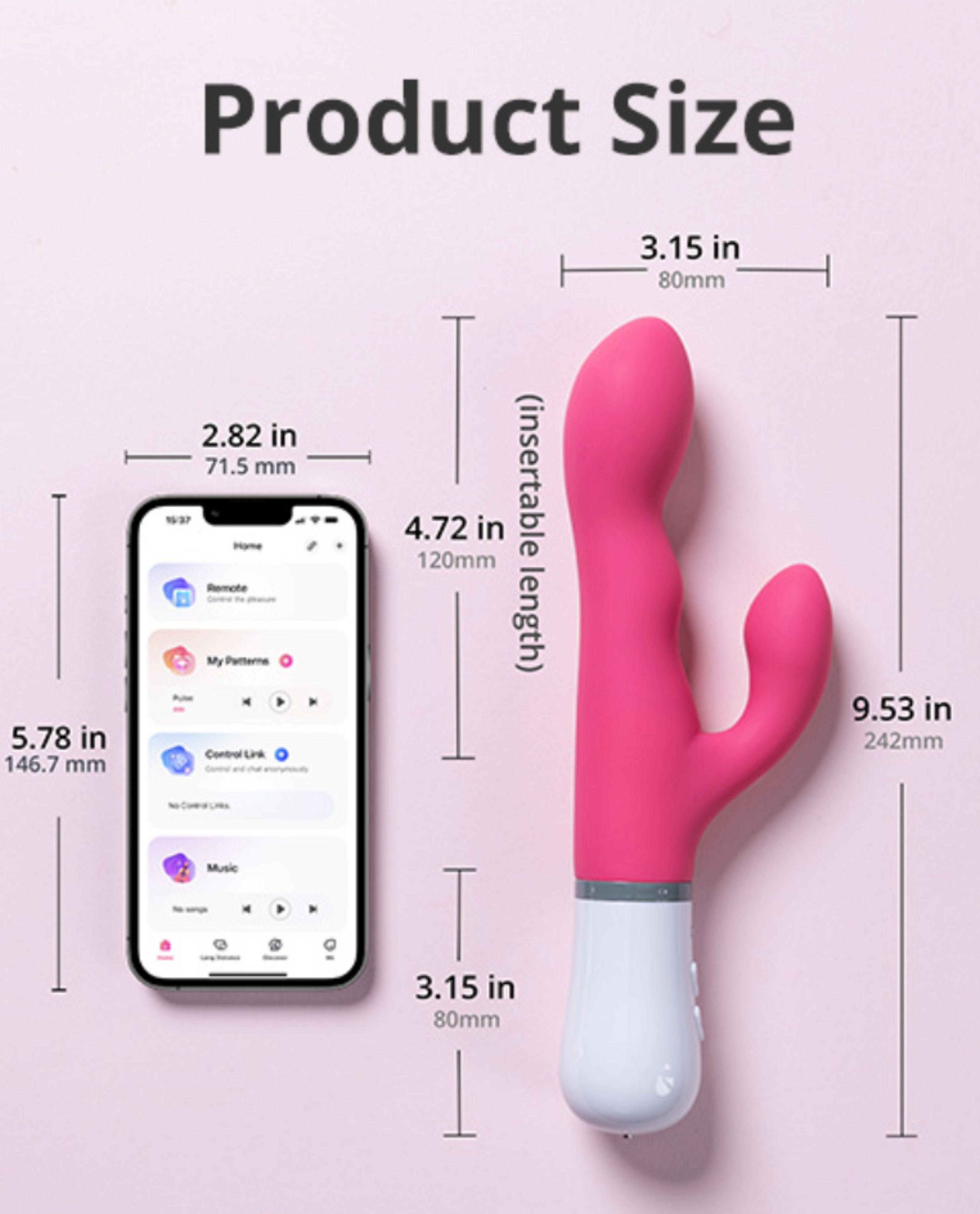 Lovense Nora Rabbit Vibrator compared to an Iphone's size comparison on a pink background, showing product size measurements.