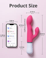 Lovense Nora Rabbit Vibrator compared to an Iphone's size comparison on a pink background, showing product size measurements.