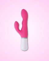 Nora by Lovense, a rotating rabbit dildo on a pink background.