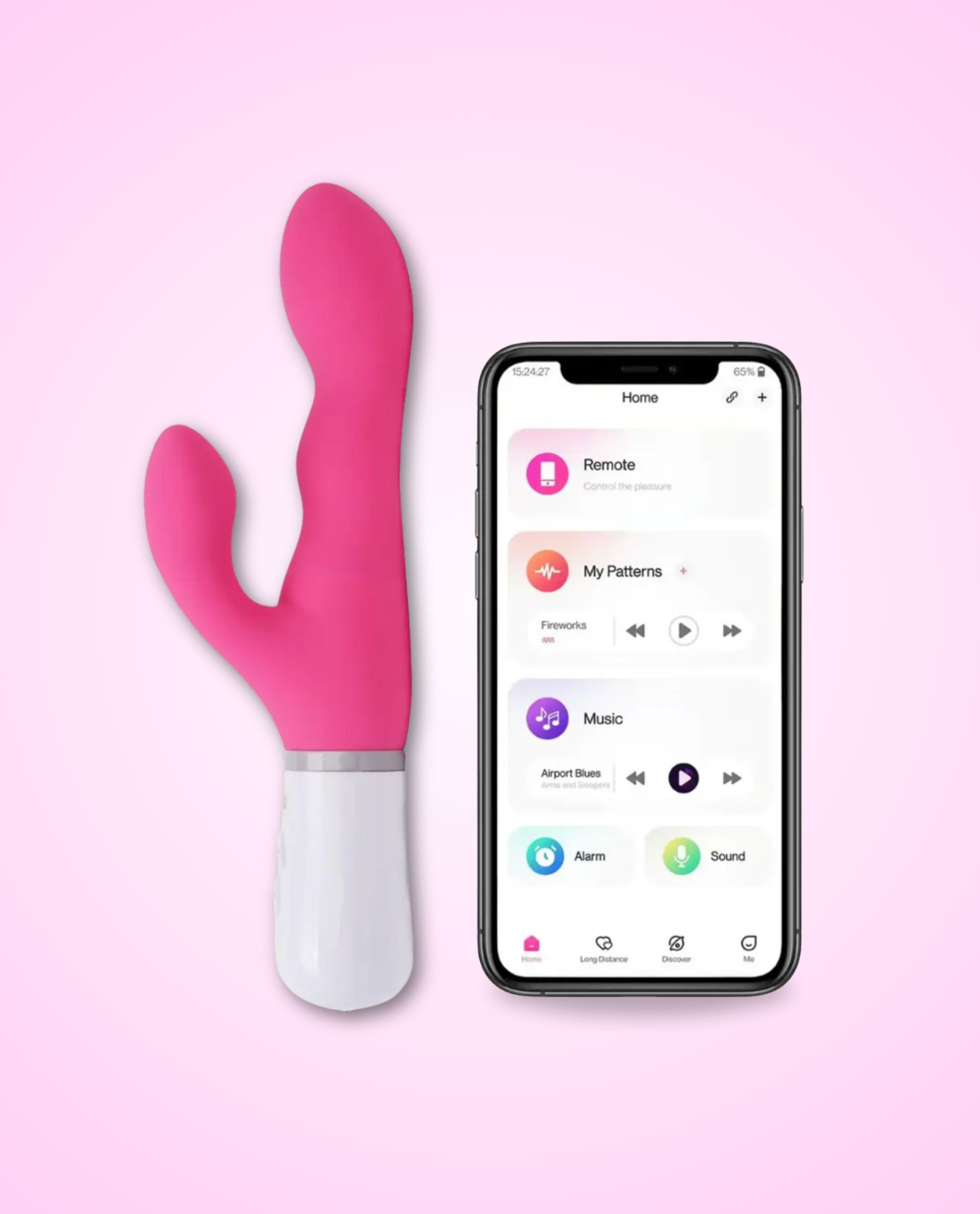 Nora by Lovense, a rotating rabbit dildo next to a smartphone app on a pink background.