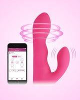 Nora by Lovense, a rotating rabbit dildo next to a smartphone app on a pink background.