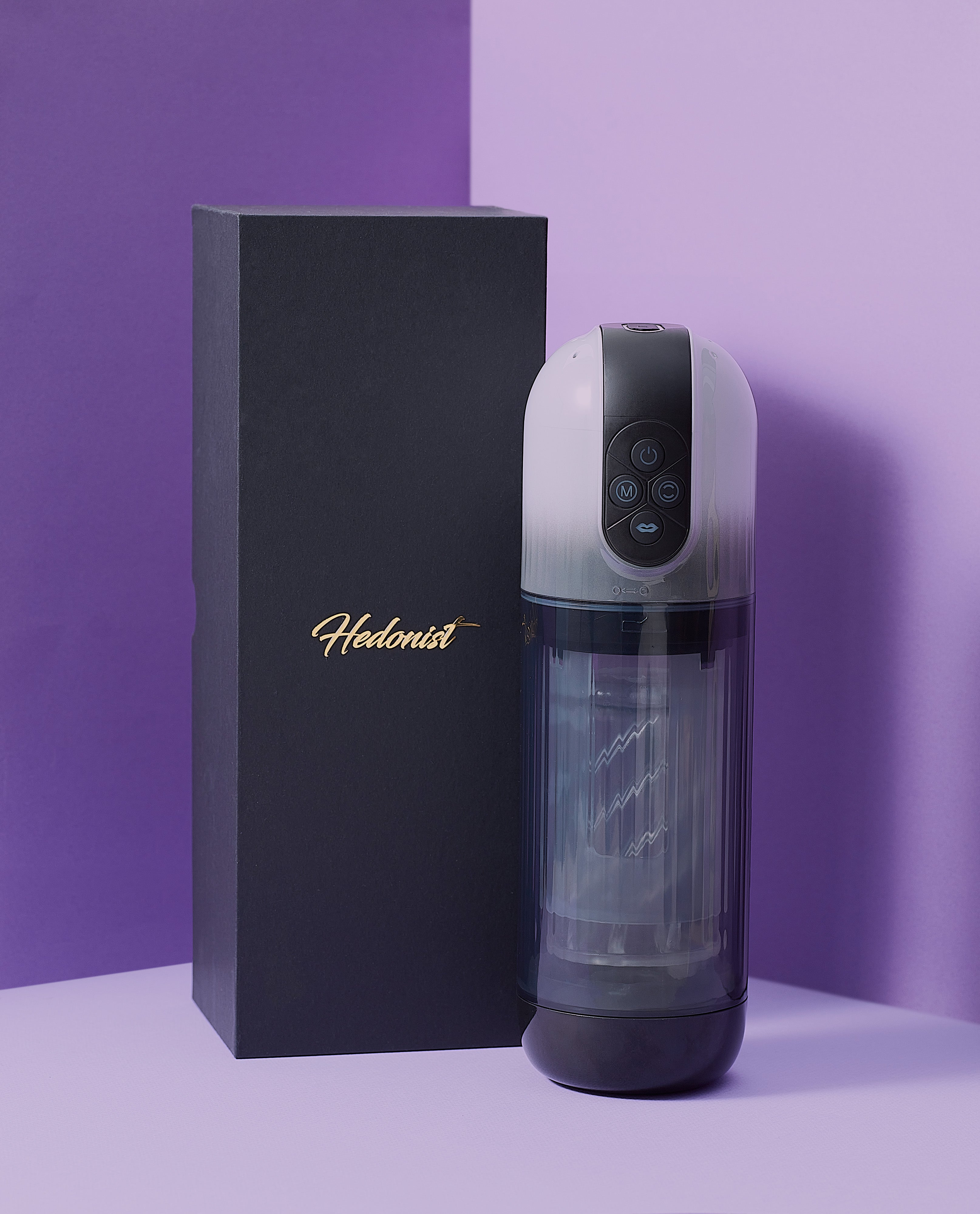 Poseidon Rotating Suction Masturbator with black hedonist box packaging
