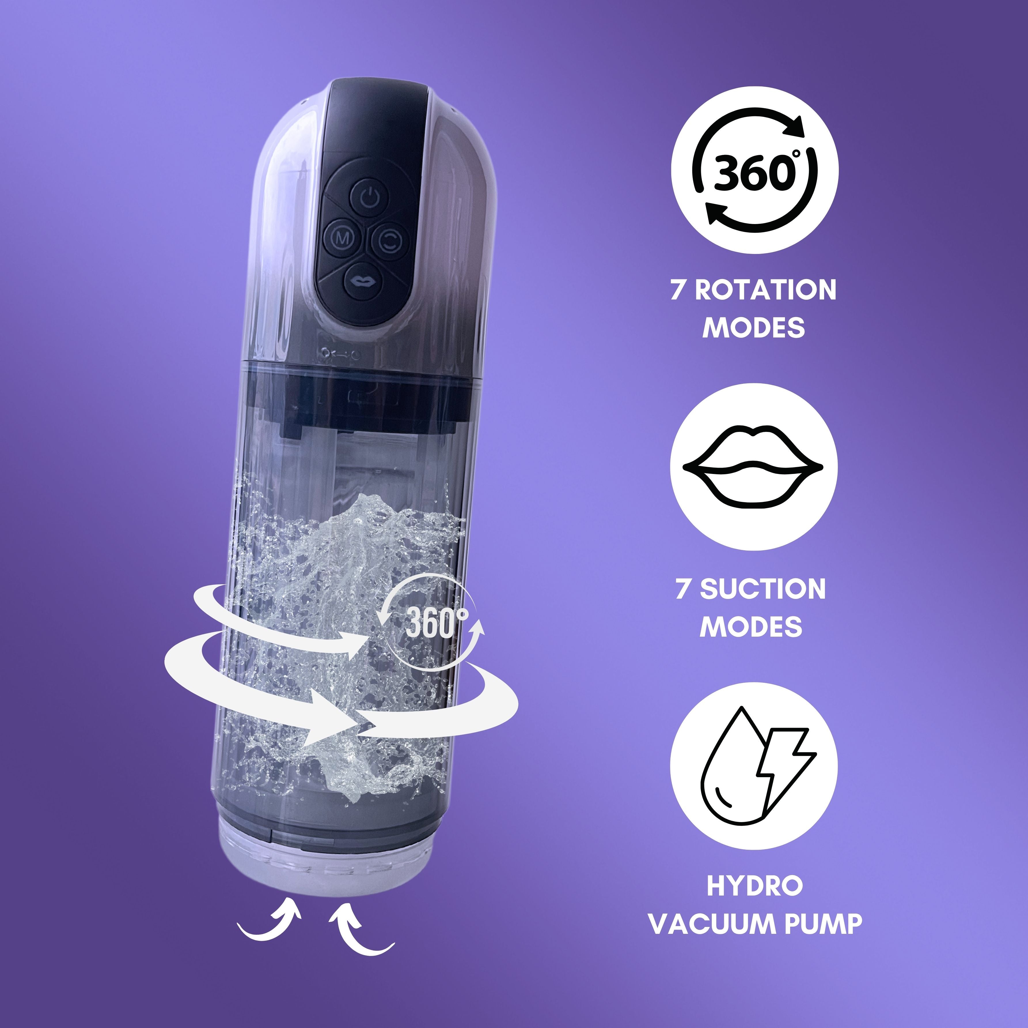 Poseidon Rotating Suction Masturbator features 360 rotation, turbo suction, hydro vacuum pump