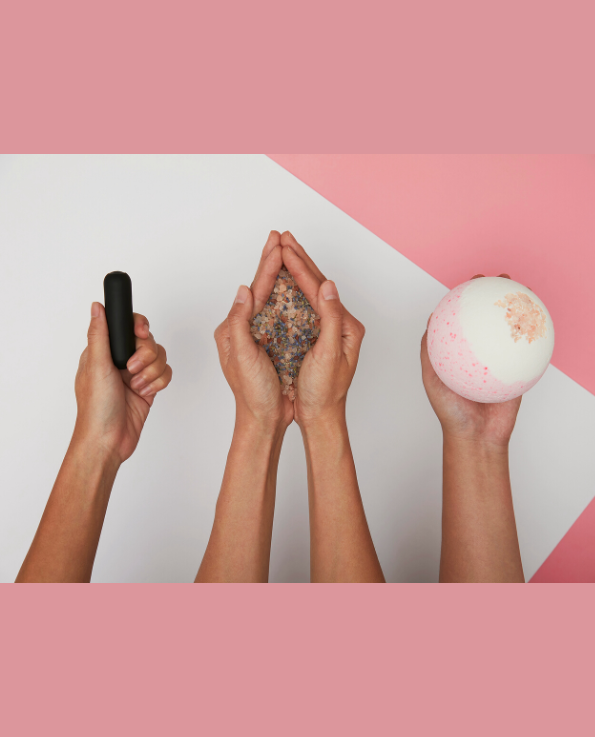 The Sex Bomb, pink and white bath bomb, himalayan sea salt scrub, dried lavender and raven bullet vibrator