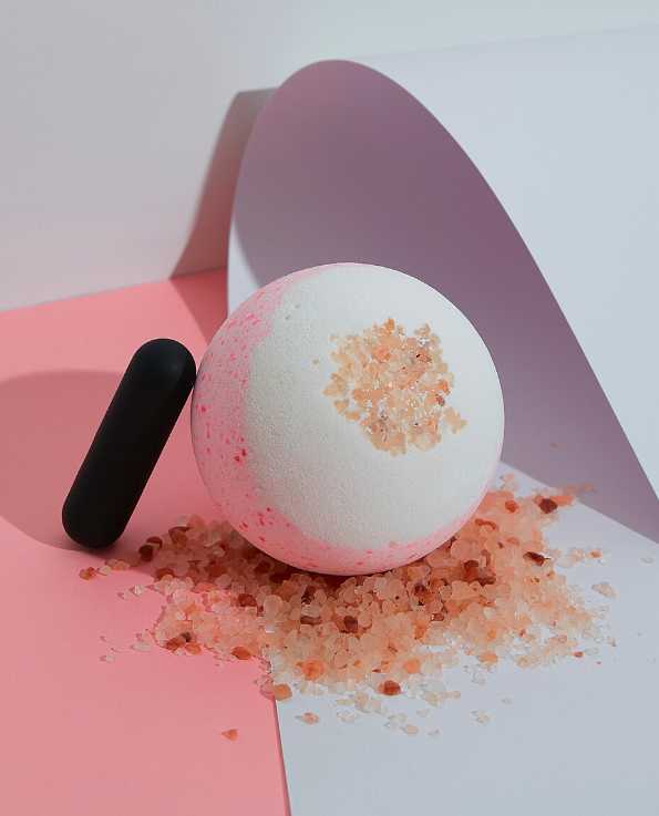 The Sex Bomb, pink and white bath bomb, himalayan sea salt scrub and raven bullet vibrator