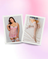 Two images of women in lingerie and stockings on a pink gradient background