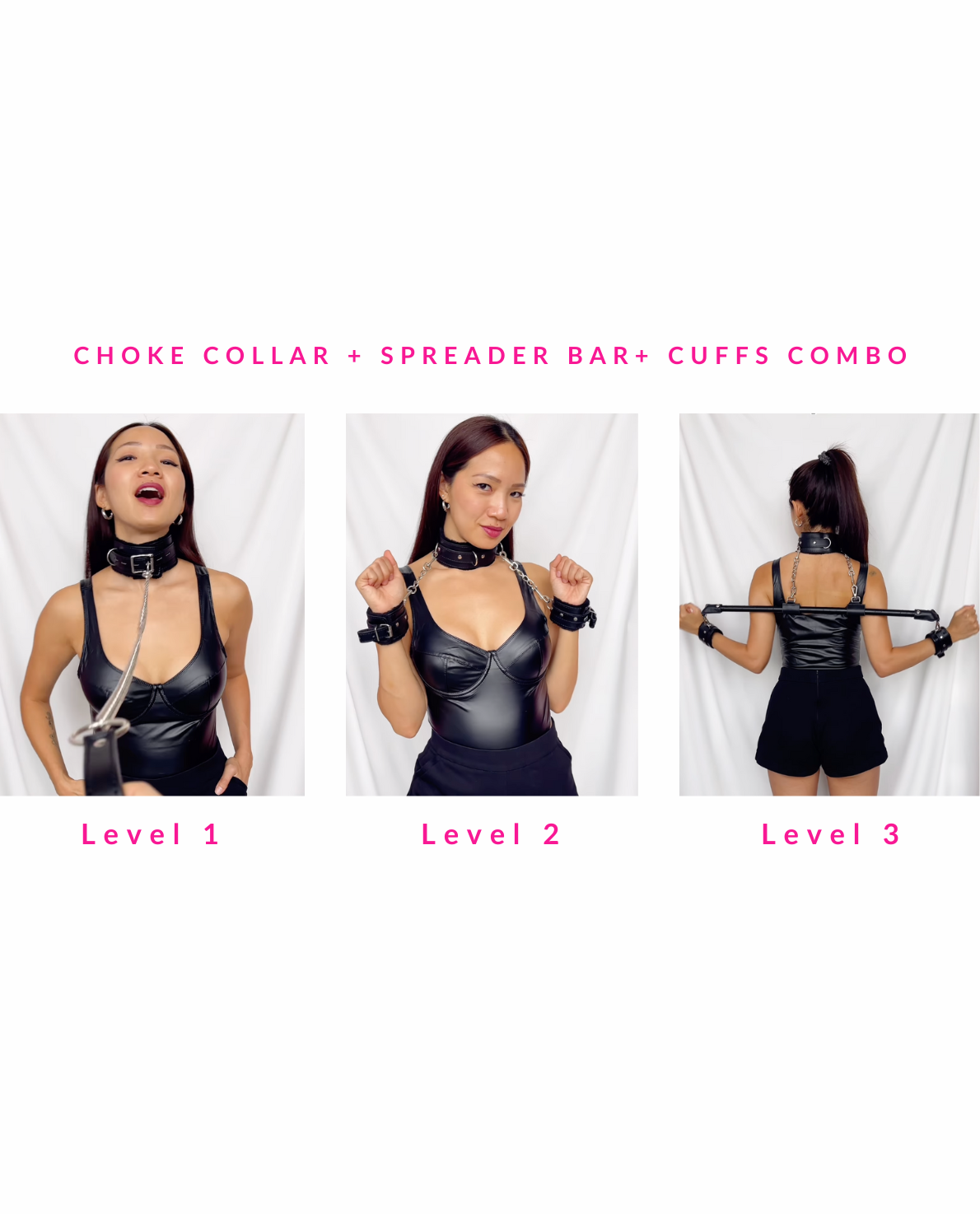 Woman in a choke collar, spreader bar and cuff combo