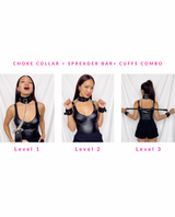 Woman in a choke collar, spreader bar and cuff combo