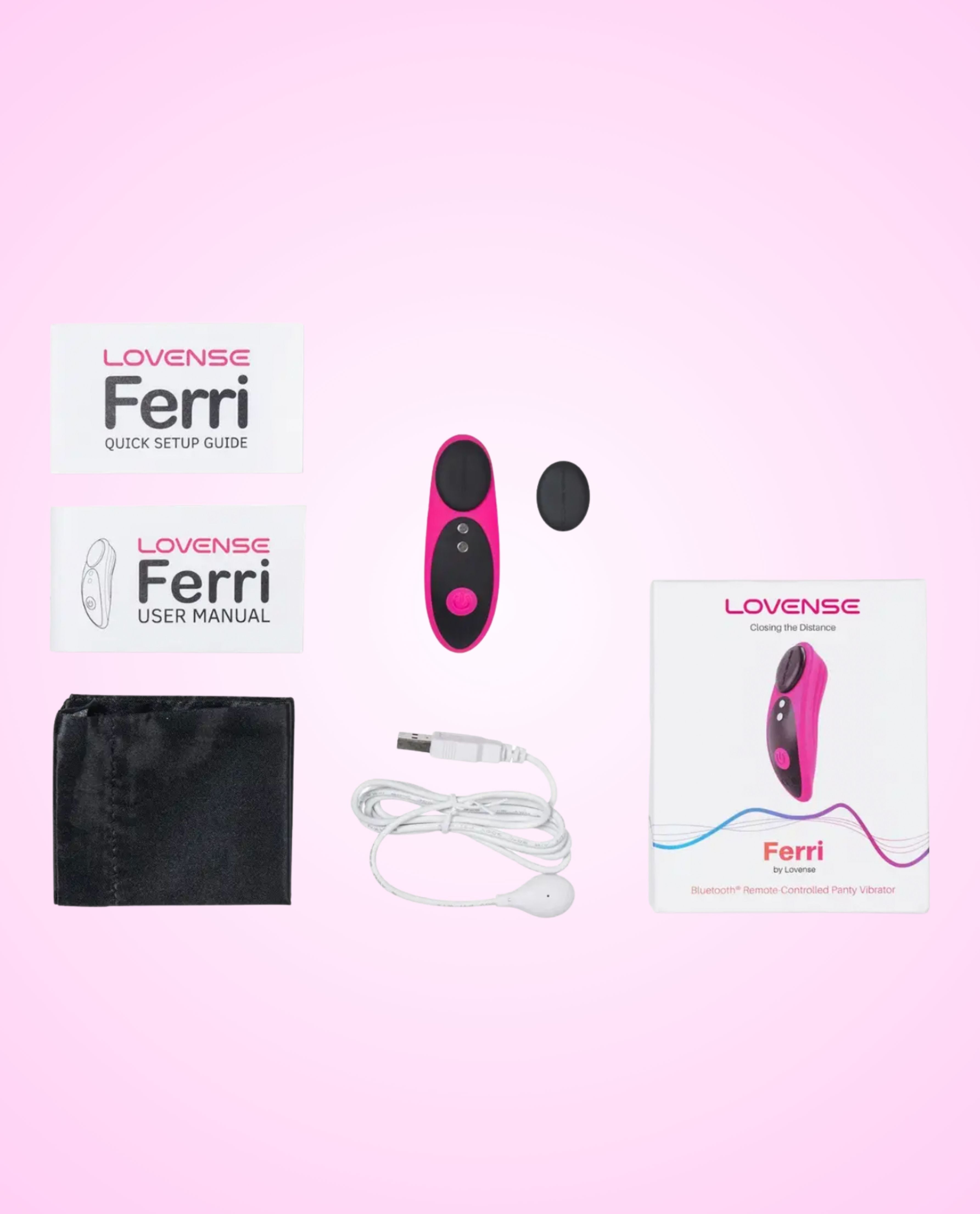 Lovense Ferri product set with user manual, packaging, and accessories on a pink background.