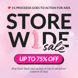 Hedonist Tribe's promotional poster for a store-wide sale with a pink background and text about donating proceeds to AIDS research.
