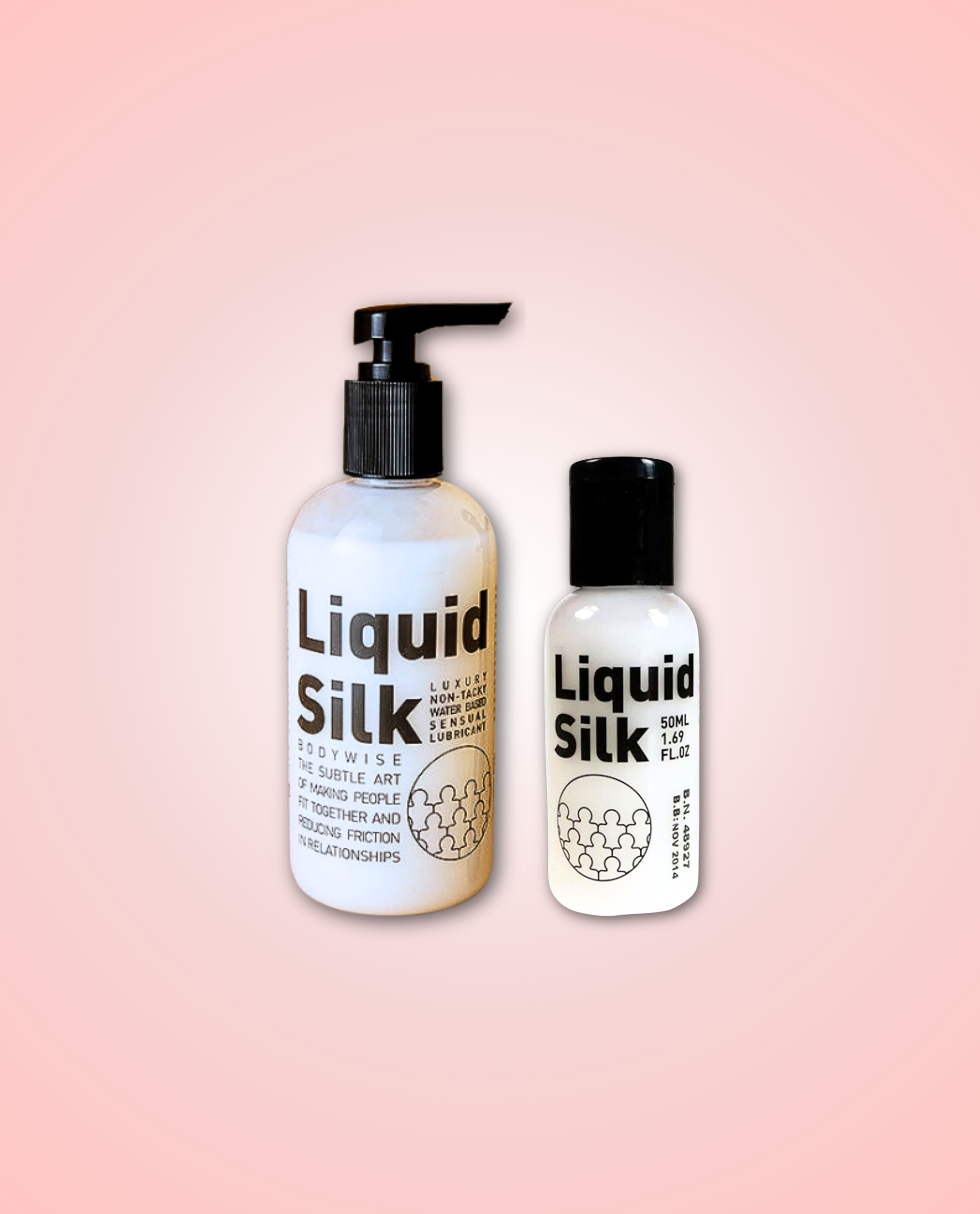 Two bottles of Liquid Silk sizes in 50ml and 250ml on a pink gradient background