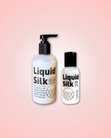 Two bottles of Liquid Silk sizes in 50ml and 250ml on a pink gradient background