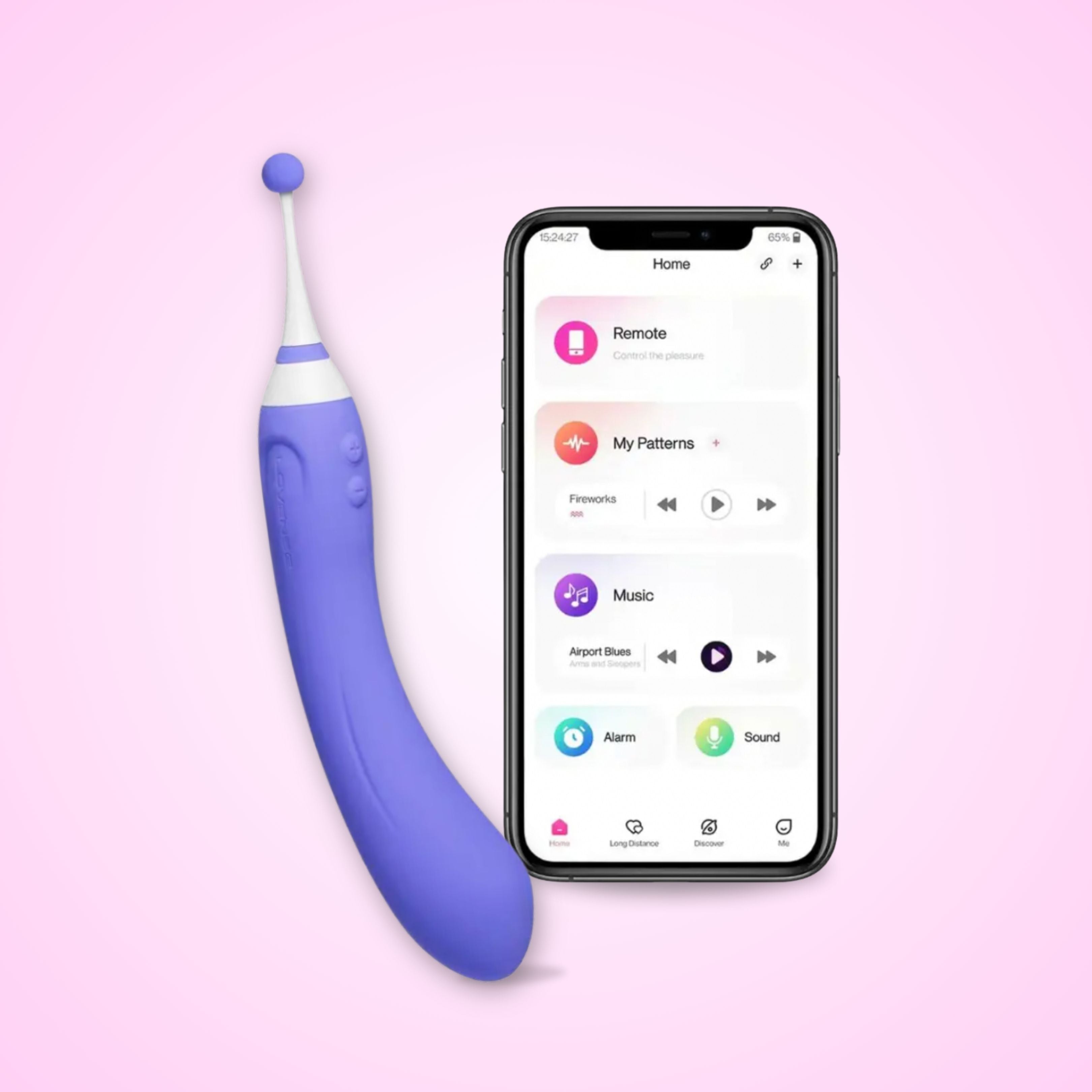 Lovense Hyphy App-Controlled Dual-End Pinpoint Vibrator with a smartphone displaying an app interface on a pink background