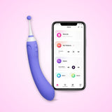 Lovense Hyphy App-Controlled Dual-End Pinpoint Vibrator with a smartphone displaying an app interface on a pink background