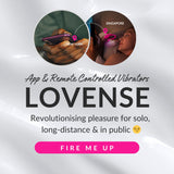 Advertisement for LOVENSE app and remote controlled vibrators with images of a hand holding a device and two people kissing.