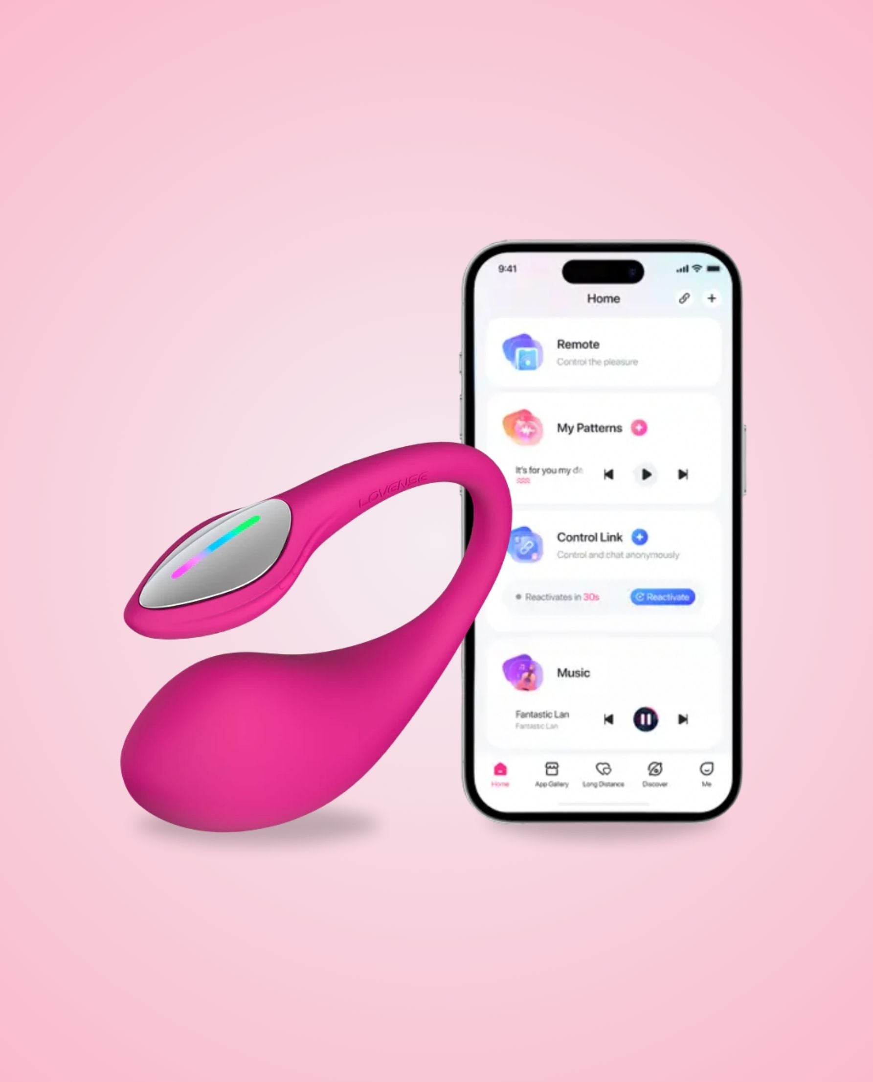 Lush 4 by Lovense — a powerful app-controlled egg vibrator shown alongside a smartphone displaying the Lovense app, set against a playful pink backdrop.