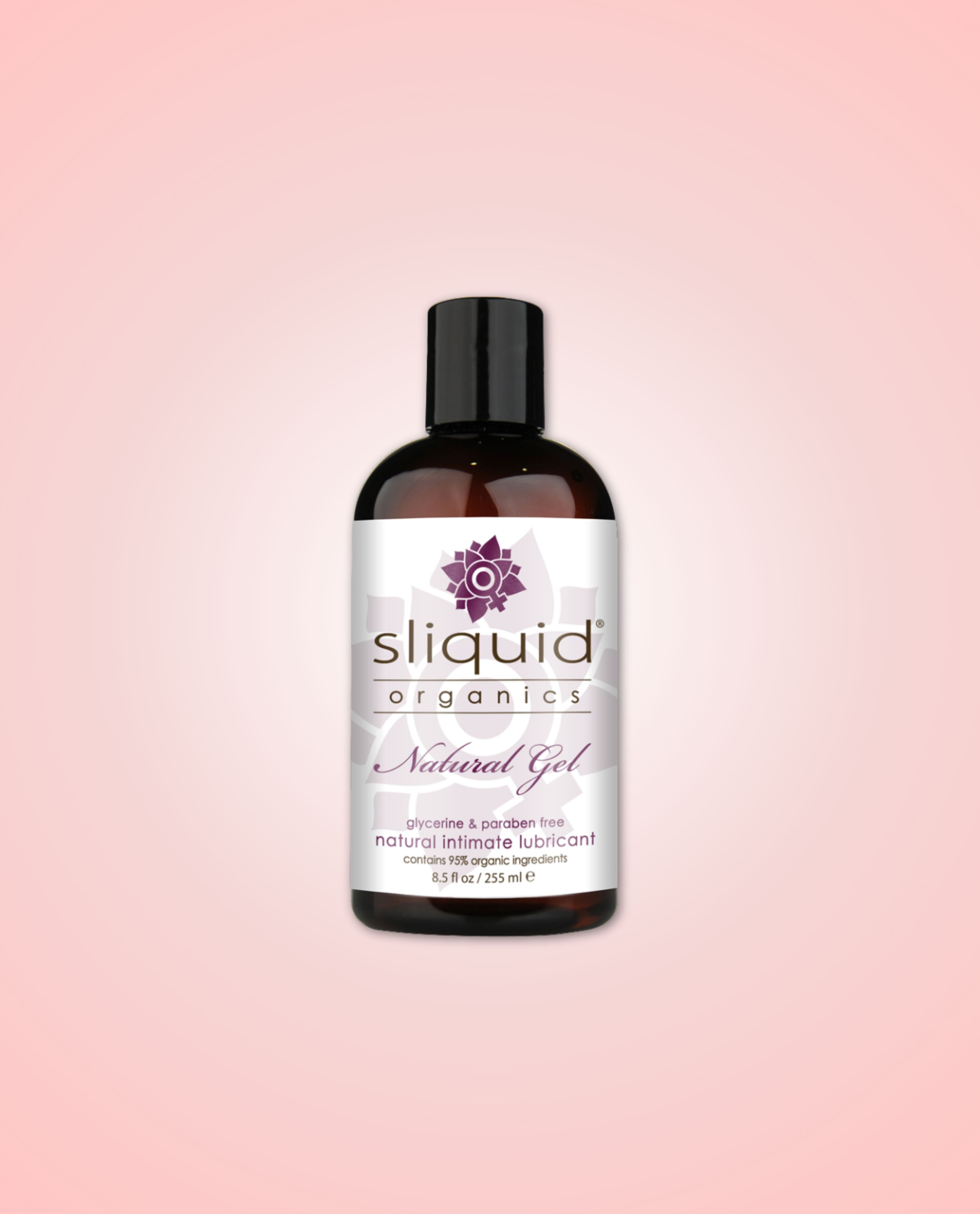 Sliquid Organics natural gel 255ml bottle on a pink gradient background