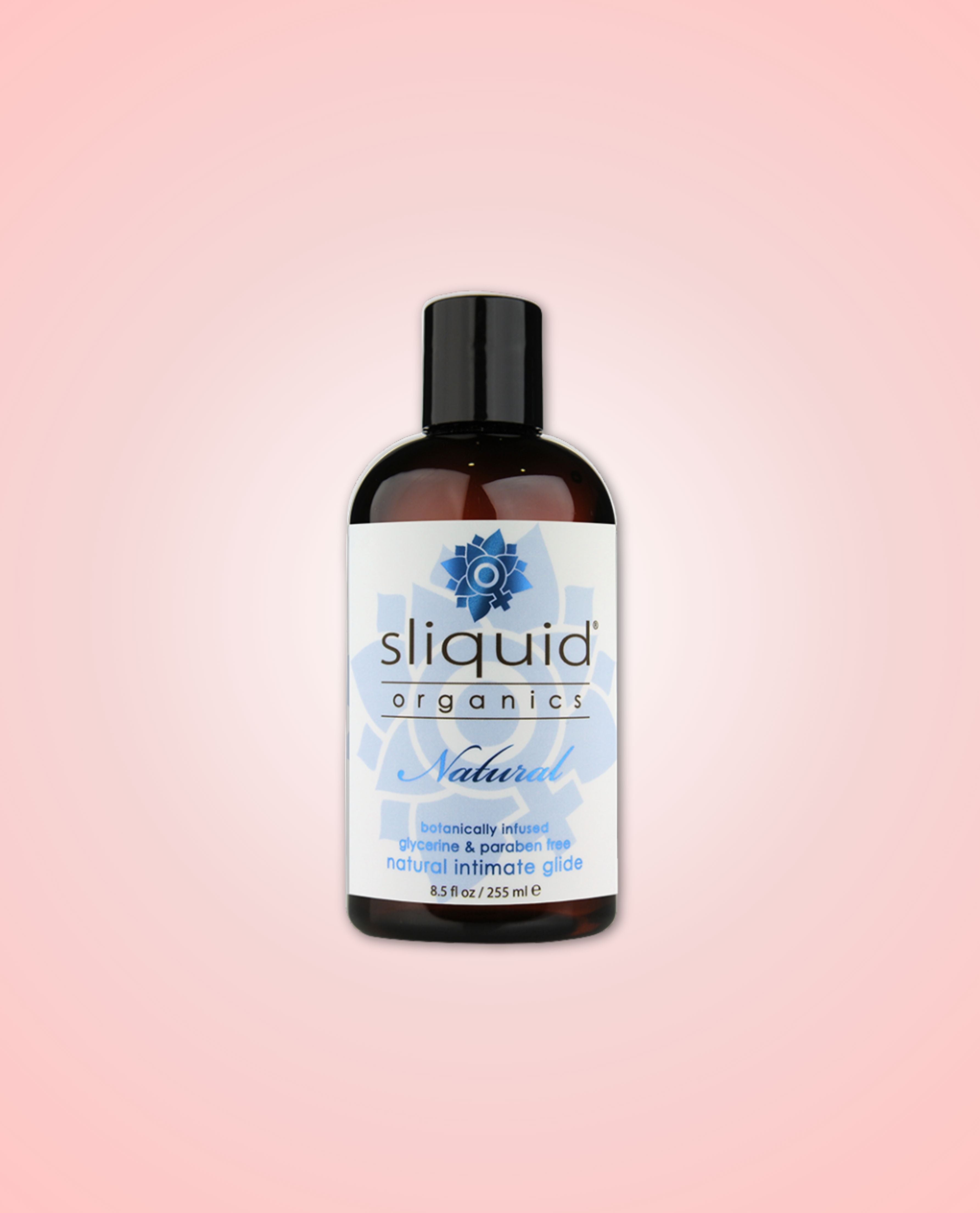 Sliquid Organics Natural Lubricant 255ml on pink gradient background