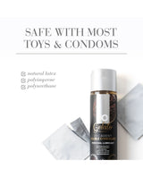 System JO Decadent Double Chocolate Gelato lubricant bottle with packaging on a white background, featuring text about compatibility with toys and condoms.