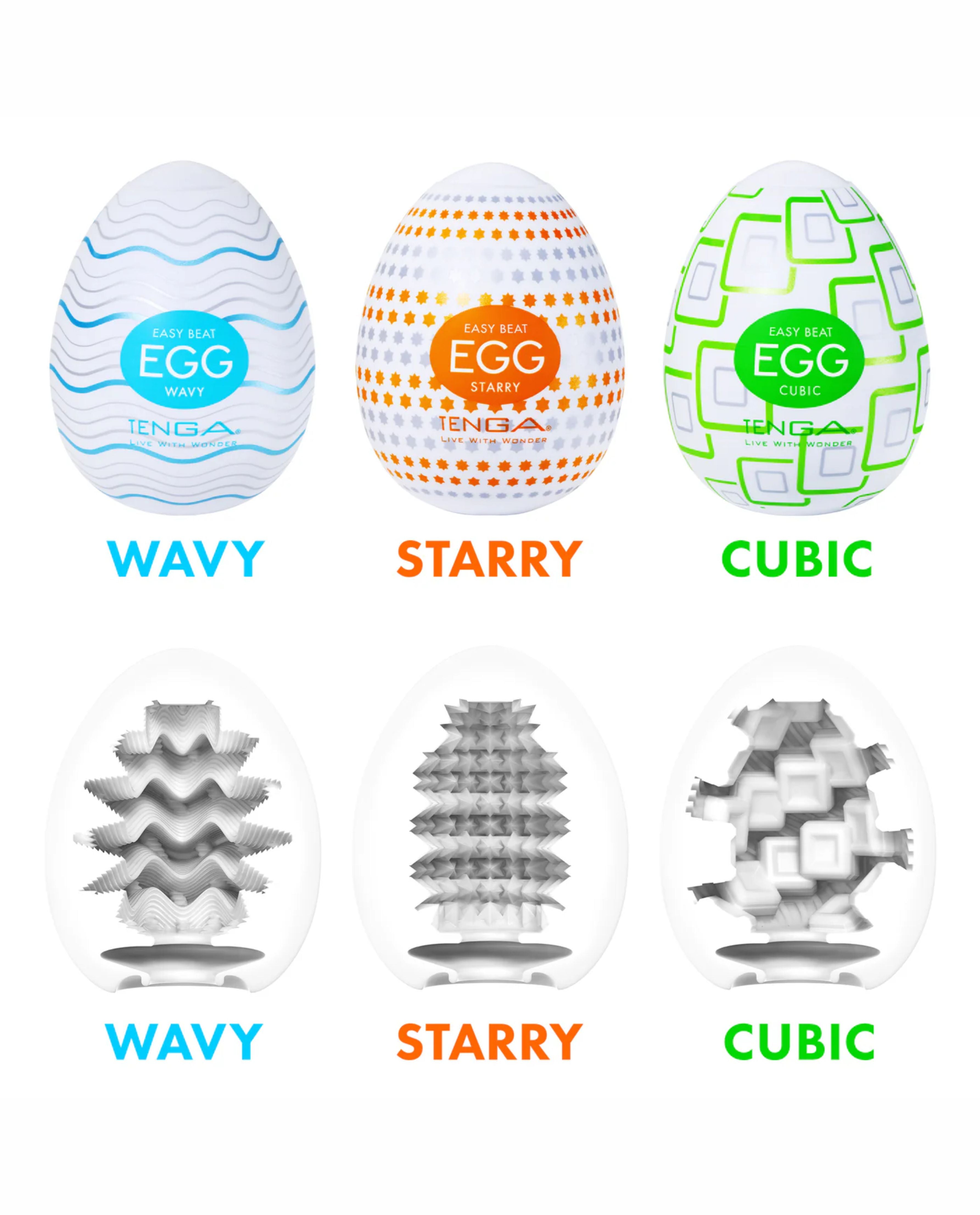 Three different designs of Tenga 'EGG' products with labels 'Wavy', 'Starry', and 'Cubic' on a white background.