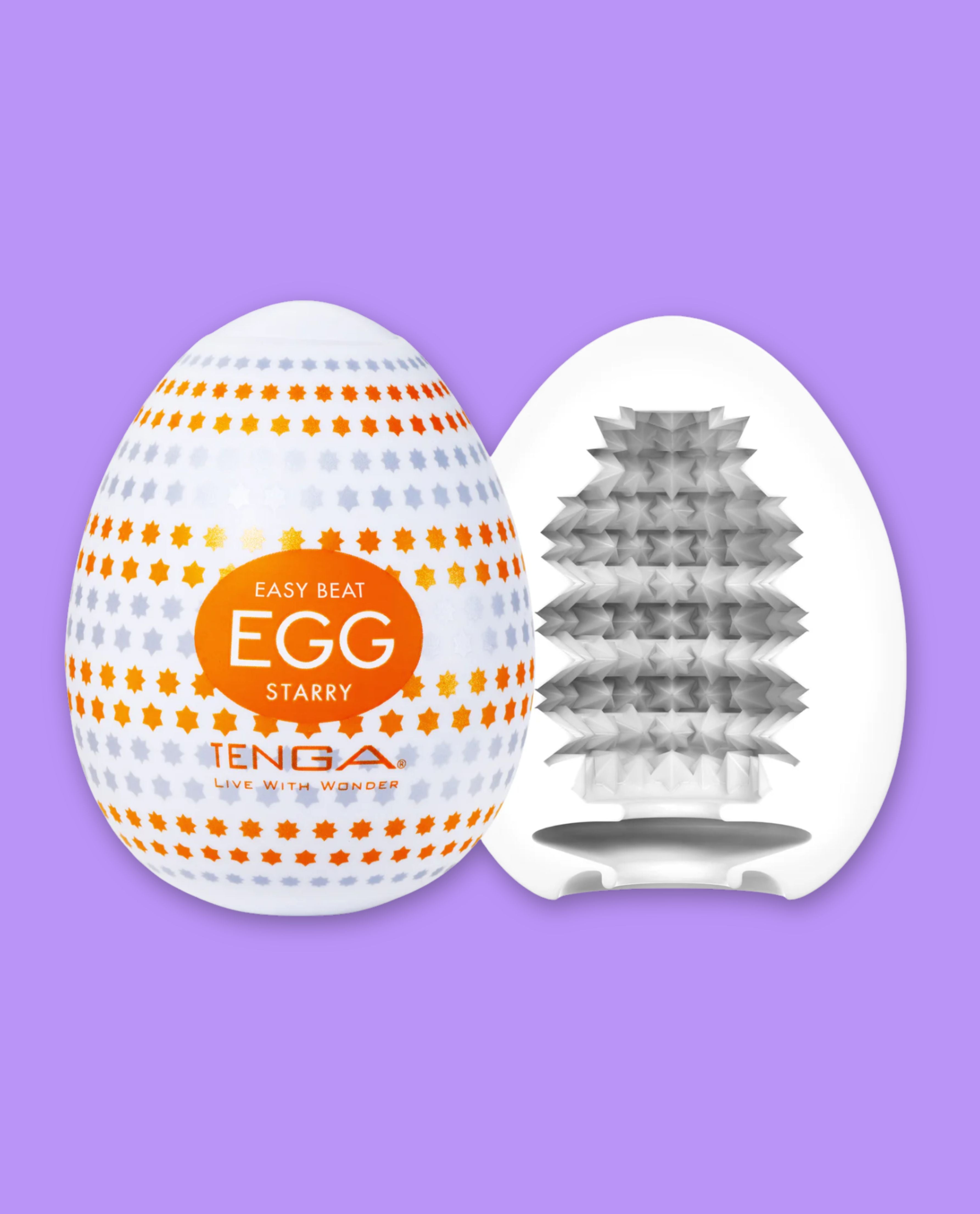 Tenga Egg Starry packaging on a purple background