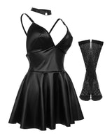A black wet look mini-dress with fishnet stockings and O-ring choker on a white background