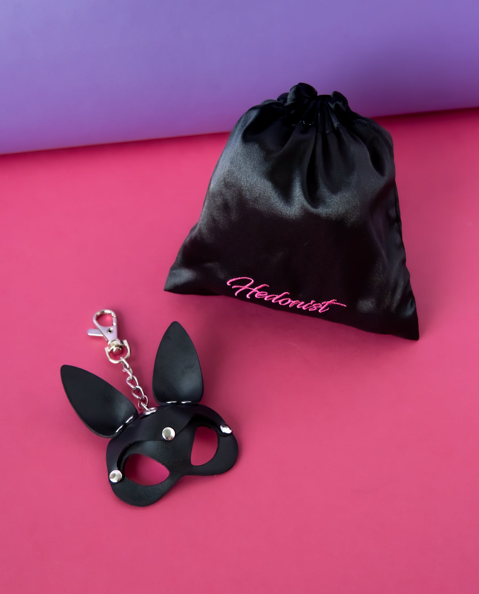 bdsm bunny mask keychain with black hedonist satin pouch