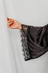 Black satin robe with lace trim sleeve