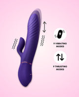 godiva thruster rabbit vibrating dildo features: 9 vibrating modes, 9 thrusting modes