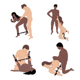 A set of flat vector illustrations showing multiple human figures in various poses wearing black restraint cuffs with spreader bar on their limbs, arranged on a plain white background.