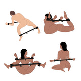 Four illustrated poses of a nude person restrained with spreader bar and cuffs on a plain white background.
