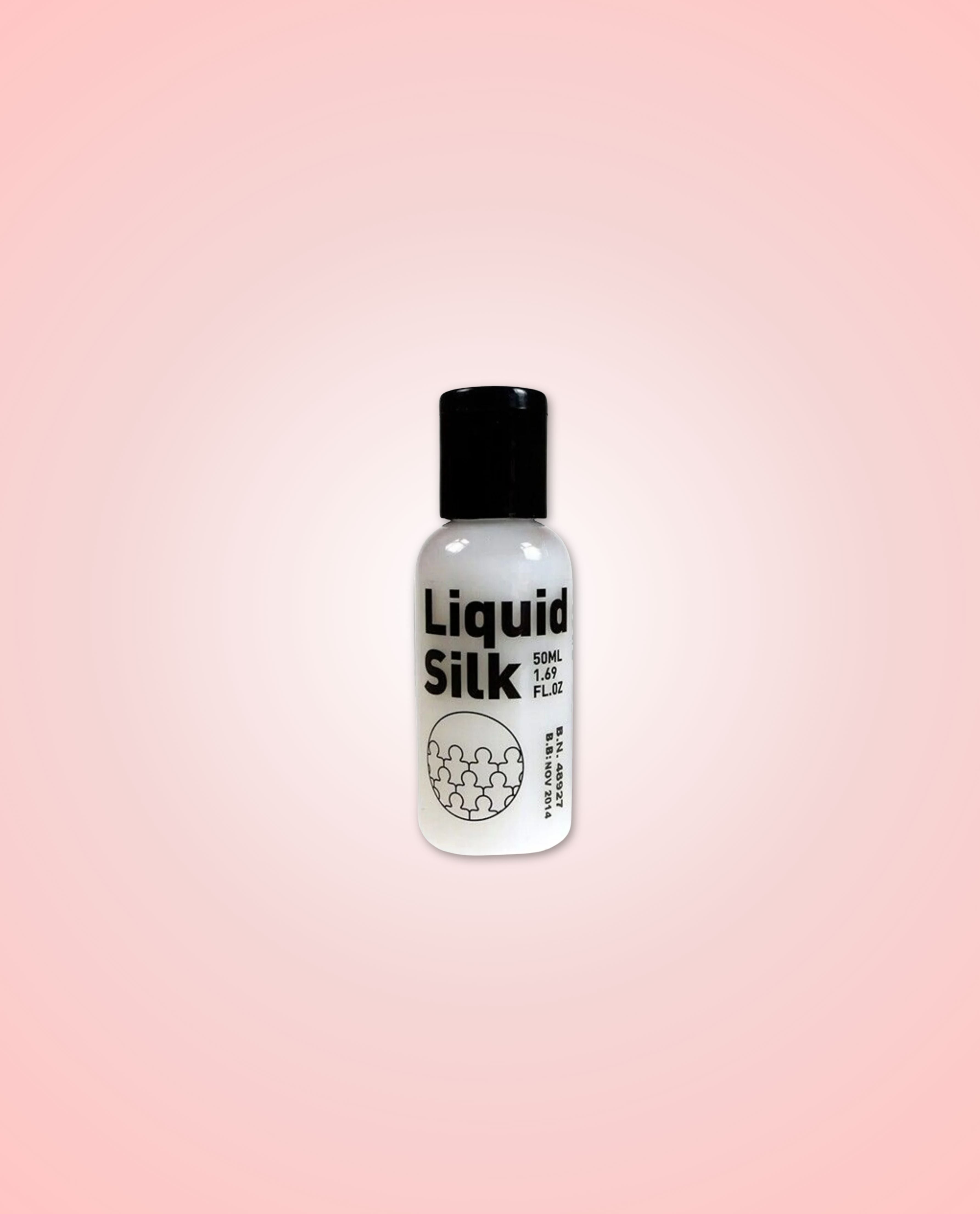 Bottle of Liquid Silk 50ml on a pink gradient background