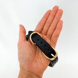 Black leather collar with gold buckle