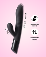 mystique rabbit thruster vibrating dildo features: 10 vibrating modes, 10 thrusting modes