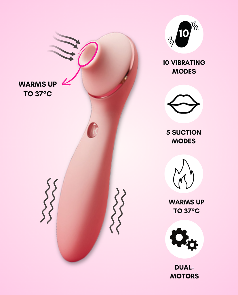 polly clit sucker unique features: 10 vibrating modes, 5 suction modes, warms up to 37 degrees