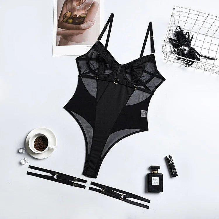 Roxy Gold Ring Bodysuit With Leg Garters Flatlay