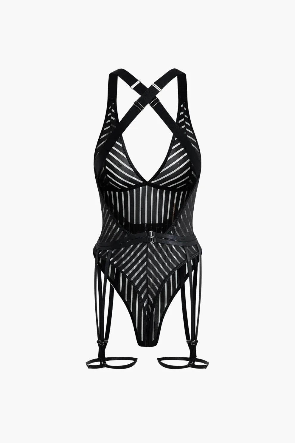 Back of Tara Striped Bodysuit With Leg Garters
