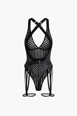 Back of Tara Striped Bodysuit With Leg Garters