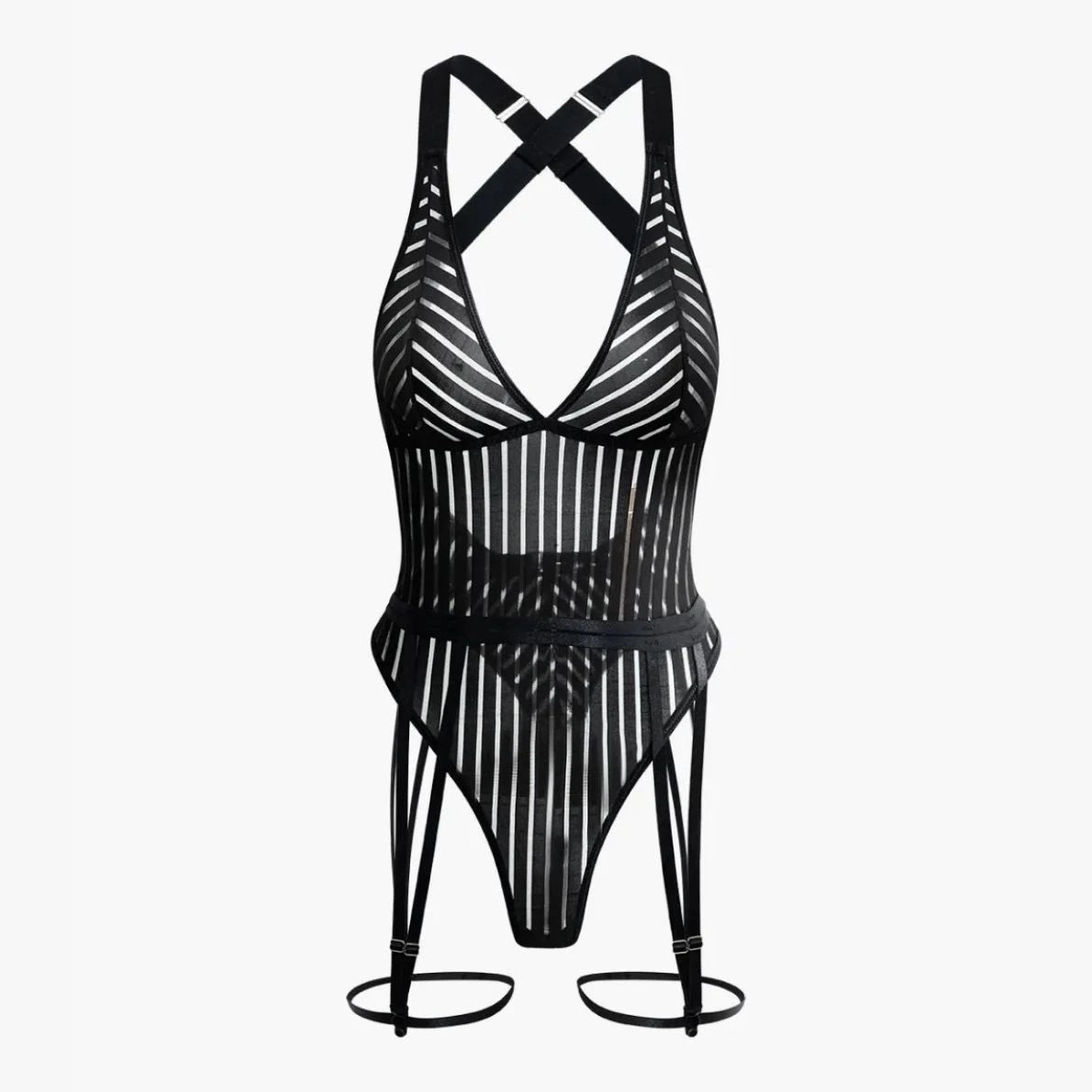 Front of Tara Striped Bodysuit With Leg Garters