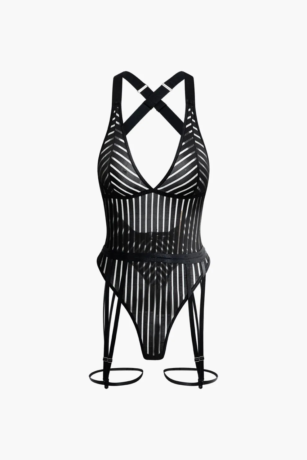 Front of Tara Striped Bodysuit With Leg Garters