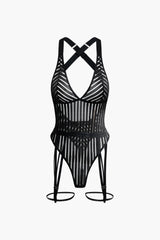 Front of Tara Striped Bodysuit With Leg Garters
