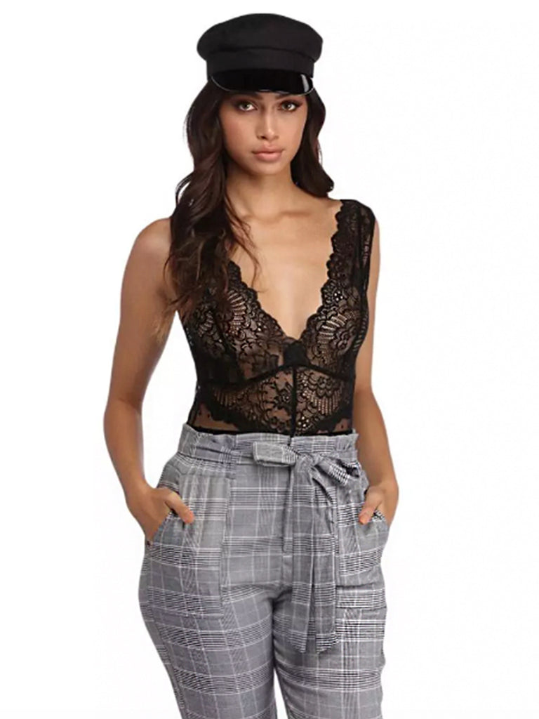 Rae lace black Bodysuit styled with checkered pants and hat