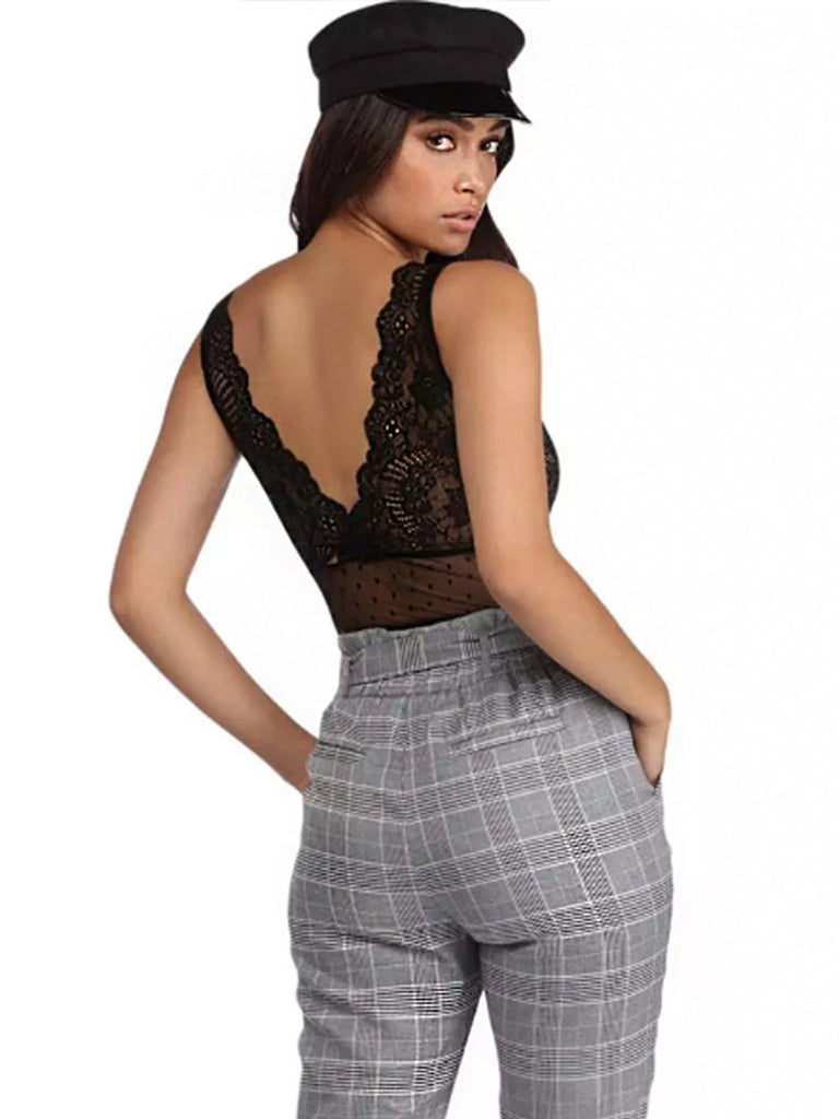 Rae lace black Bodysuit styled with checkered pants and hat fashion
