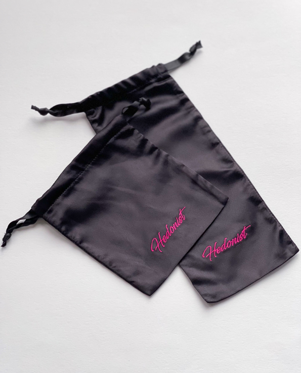 black Hedonist long and short drawstring satin pouch