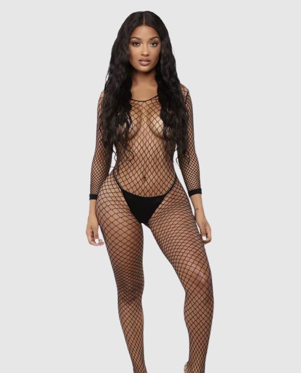 Model wearing Jordyn Full Body Fishnet Stocking front view