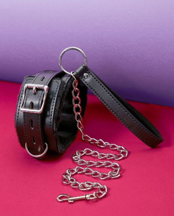 Furry Leather Collar with leash and handle