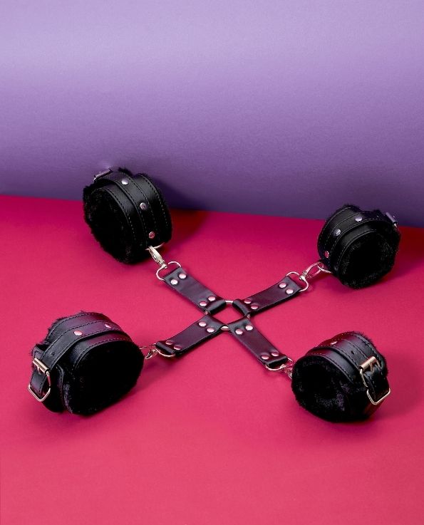 Hedonist Black Wrist and Ankle Furry Leather Cuffs Set with 2 ankle cuffs, 2 wrist cuffs and an attachable X-Buckle Restraint