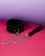 Hedonist Black Furry Leather Collar with Metal Leash with adjustable collar strap for all sizes
