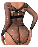 Model wearing Blair Rhinestone Mesh Bodysuit back view