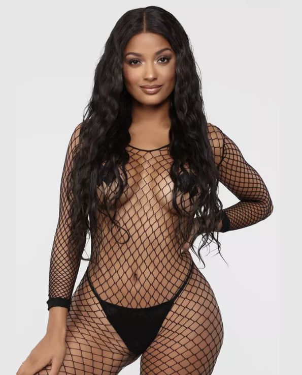 Model wearing Jordyn Full Body Fishnet Stocking
